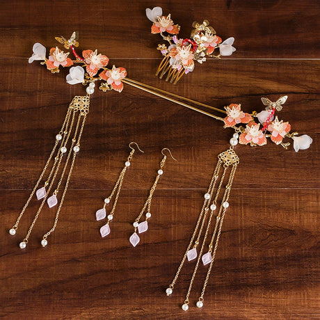 Chinese Hanfu Hair Accessories Set Long Fringed Vintage Hairpins Flower Handmade Hair Sticks For Women Traditional Retro Jewelry