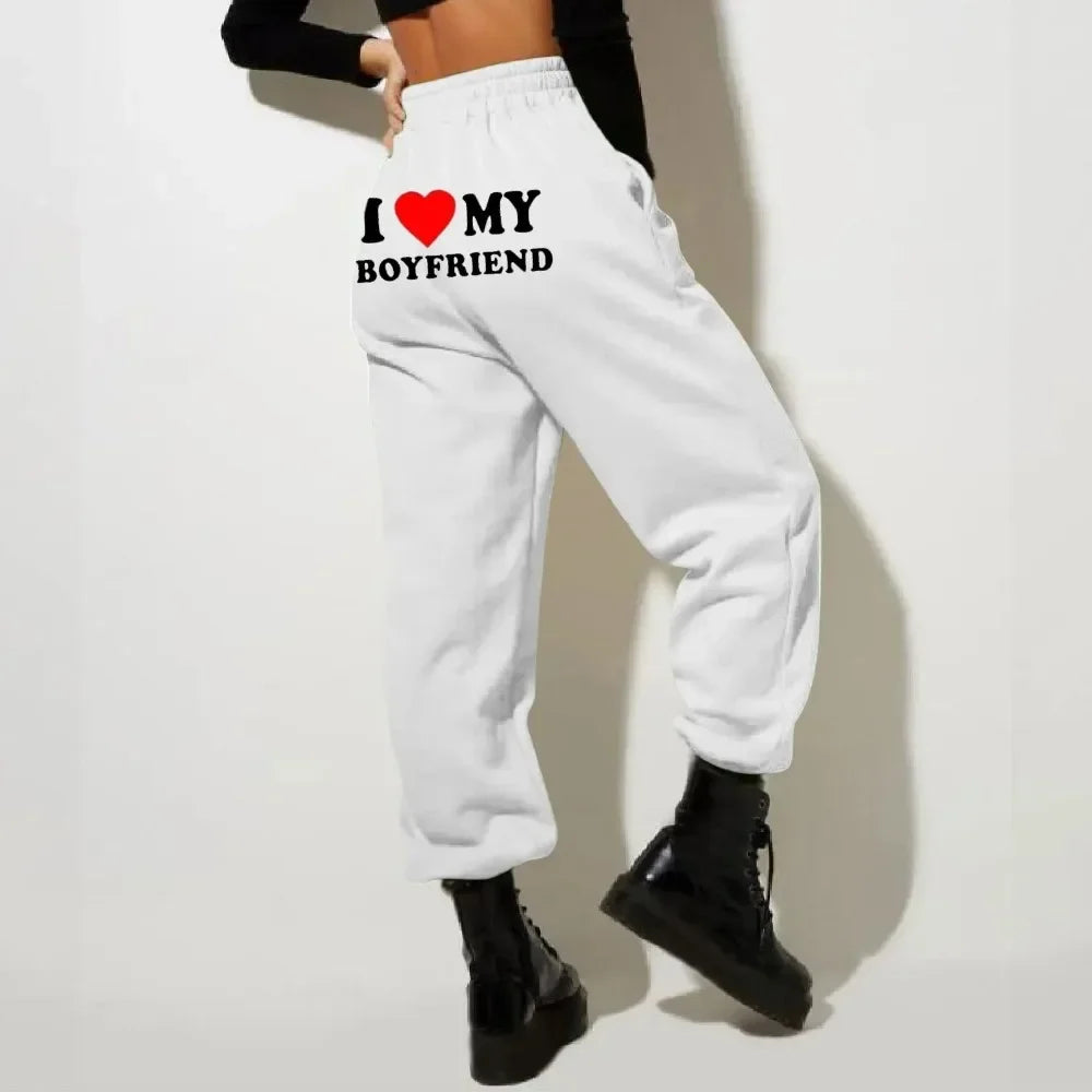 I Love My Boyfriend Printed Sweatpants Y2k High Elastic Waist Drawstring Baggy Trousers Vintage Casual Loose Straight Pants