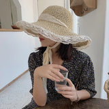 Women's Large Brim Straw Beach Hats Girl Cap Breathable Sunscreen Uv Protection Ladies Sun Visor Female Big Brim Straw Empty