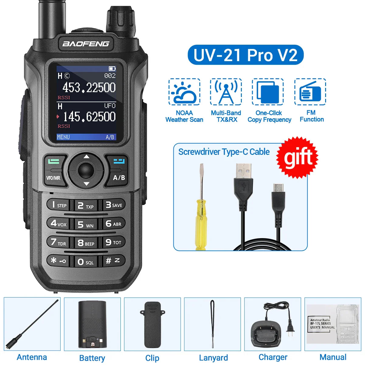 Baofeng UV-21 PRO V2 Walkie Talkie Wireless Copy Frequency 16 KM Long Range TYPE-C Two Way Radio Ham CB Radio UV-5R UV-17