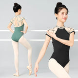 Women Ballet Leotards Stand Collar Embroidery Gymnastics Leotards Adult Ballet Dancing Costumes Short Sleeve Dance Bodysuits