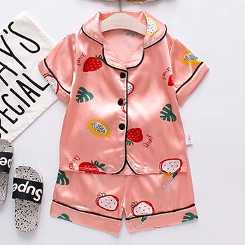 Toddler Girls Silk Satin Pajamas Sets Cartoon Kids Boys Pyjamas Baby Sleepwear Suit Girl Casual Home Wear Clothes Boy Loungewear