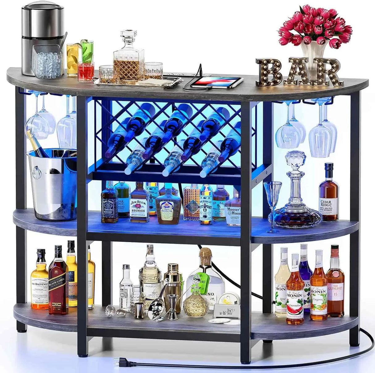 Bar Table Cabinet with Power Outlet, LED Home Mini Bar Cabinet for Liquor, Metal Wine Bar Stand with 4-Tier Storage