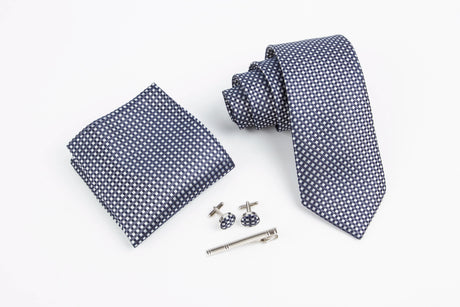 Men Polka Dot Navy Blue Hombre Necktie Sets with Hankie Metal Cufflinks Clip Set Shirt Accessories Fit Wedding Performance Tie