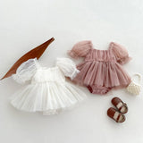 New Summer Multi-layered Ball Gown Mesh Toddler Baby Bodysuit Tutu Skirt Puff Sleeve Princess Girls Birthday Clothing One Piece