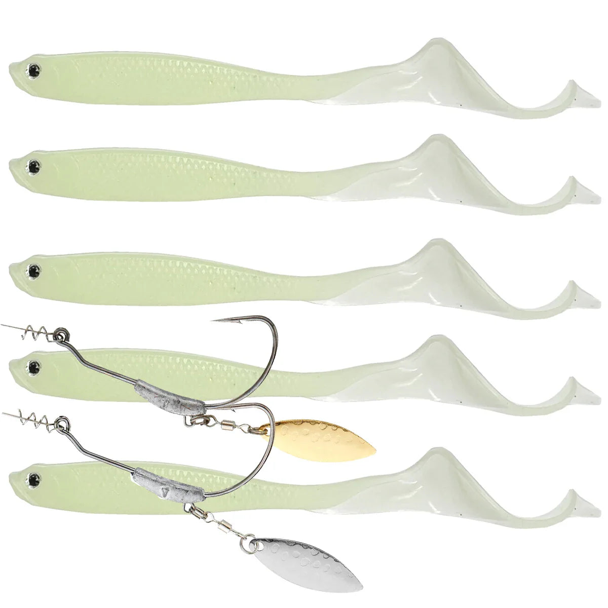 5Pcs lues 2pcs hooks Vigour Perch Fishing Lure  Soft Bait Shad UV-Active Wobble Craft Rubber Fish Swimbait For Perch,Pike,Zander