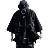 2023 Ribbon Hip Hop Punk Techwear Kimono Oversized Shirts Mens Japan Style Harajuku Casual Cargo Shirt Cloak