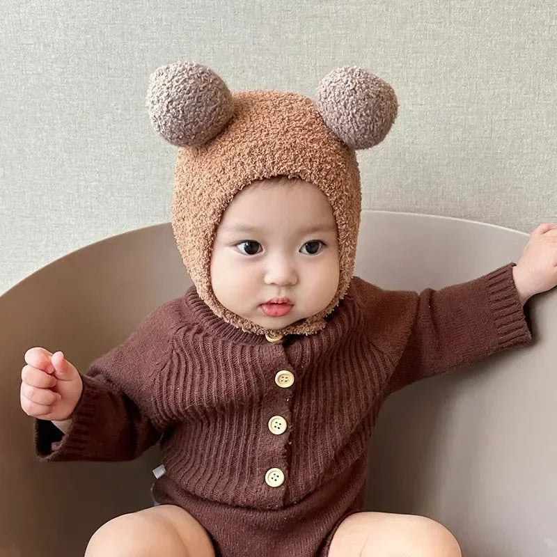 Cute Winter Warm Kids Girl Boys Baby Hats Fleece Wool Hemming Caps with Ball Solid Wool Ear Protection Hats Soft Newborn Bonnet