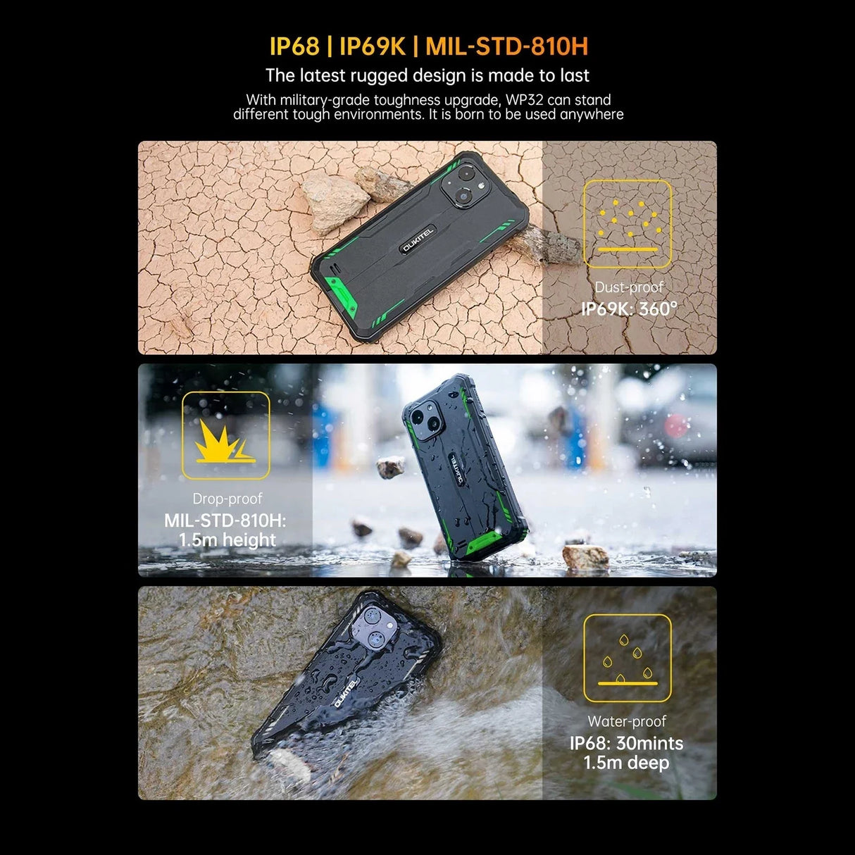 Oukitel WP32 Rugged Smartphone 5.93" FHD+ Display Android 13 Unisoc Tiger T606 4GB 128GB 6300mAh 20MP Camera NFC 4G Cellphone