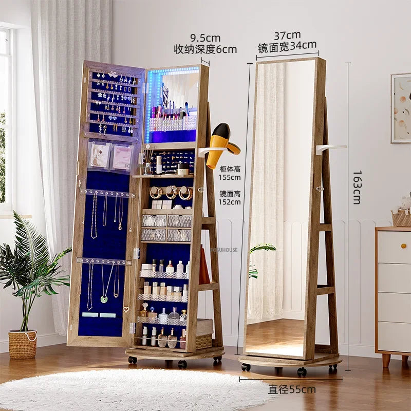 Full-length Mirror 360° Rotating Floor Makeup Mirror Cabinet Bedroom Jewelry Cabinet with Mirror Fitting Room Dressing Mirrors