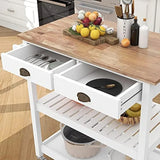 ChooChoo Rolling Kitchen Cart, Portable Kitchen Island Wood Top Kitchen Trolley with Drawers and Two-Tier Open Shelf