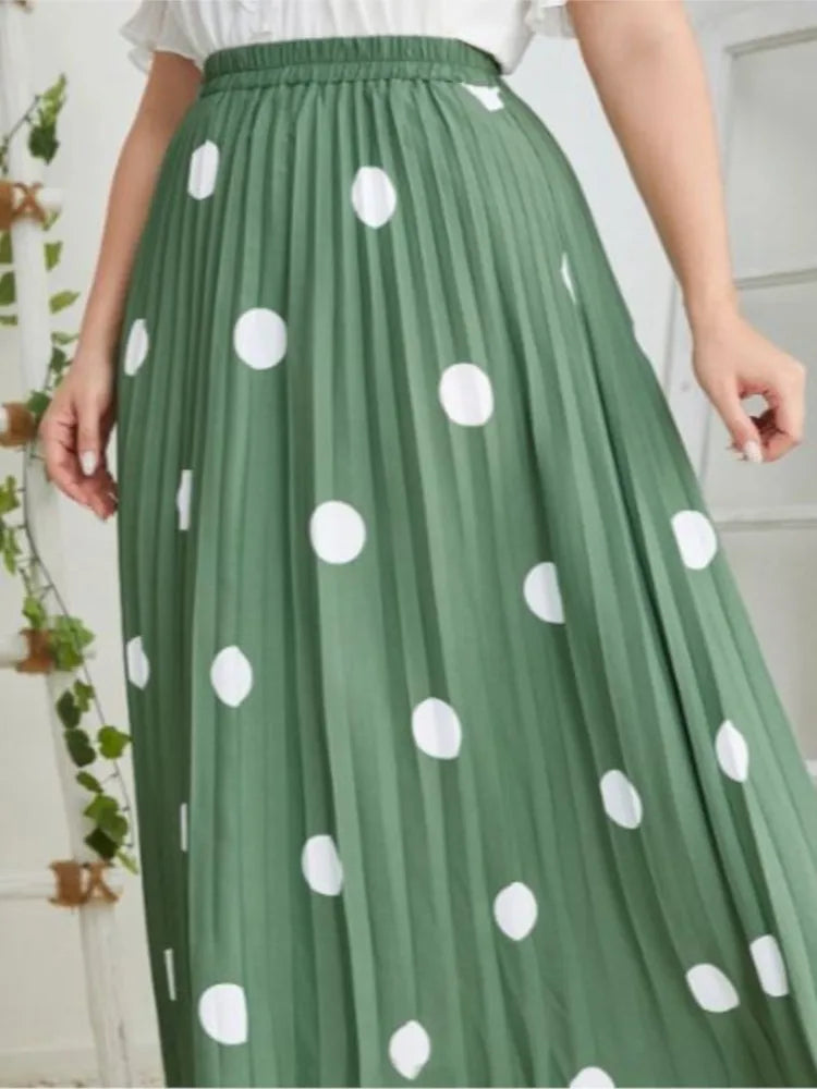 Plus Size Spring Midi Polka Dot Print Skirt Women Ruffle Pleated Loose Modis Office Ladies Skirts Elastic High Waist Woman Skirt