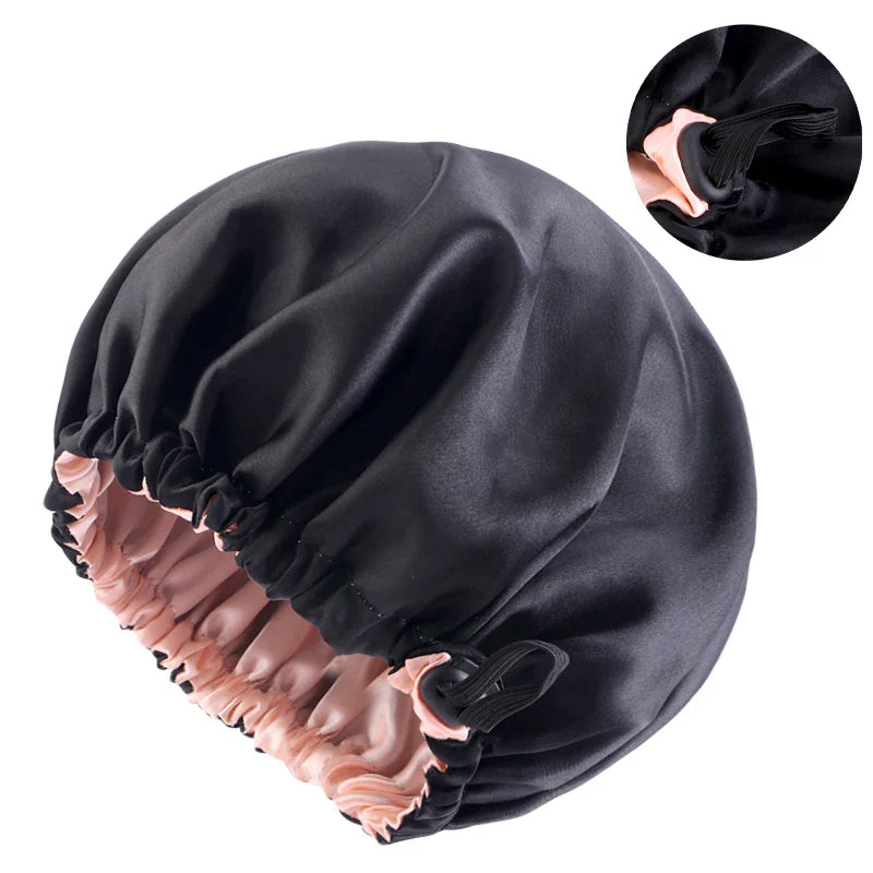 New Adjustable Double Layer Satin Bonnet Nightcap Round Haircare Shower Caps Women Elastic Band Cap Hair Styling Accessories