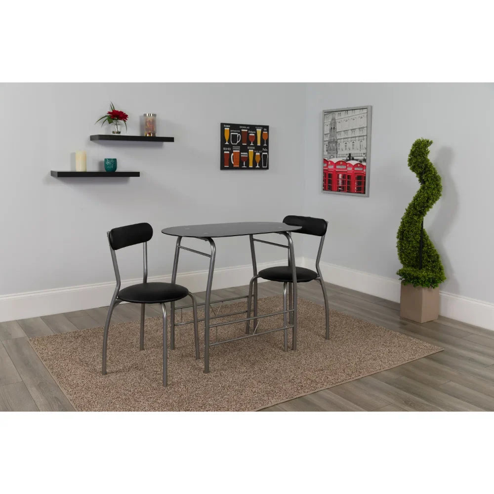 Sutton 3 Piece Space-Saver Bistro Set with Black Glass Top Table and Black Vinyl Padded Chairs Dining Room Sets