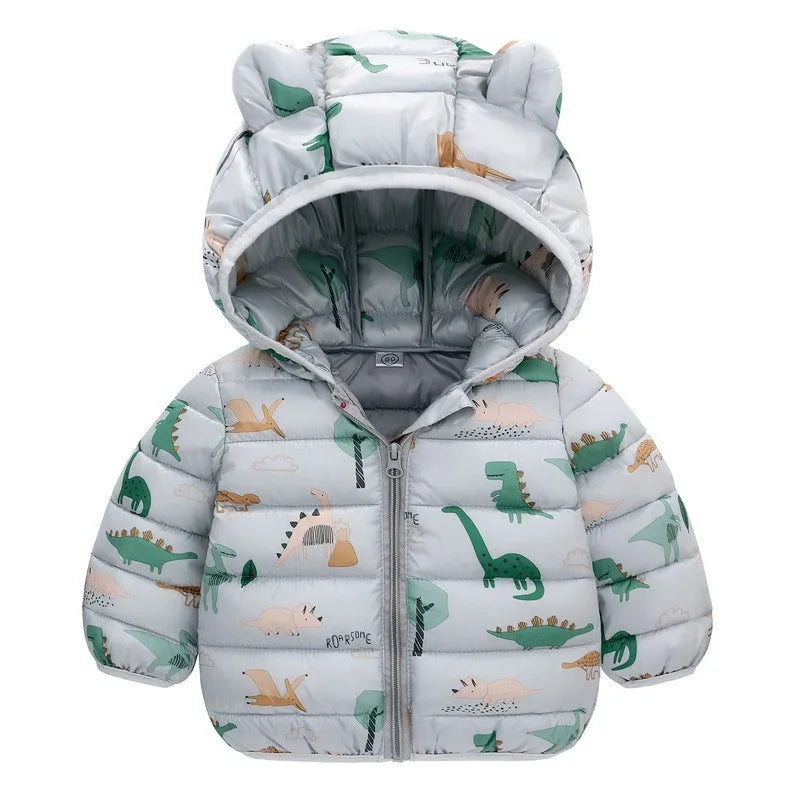 1-5 Years Baby Boy Hooded Lightweight Down Jacket Kids Girl Cartoon Dinosaur Zipper Coats Autumn Winter Warm Christmas Outerwear