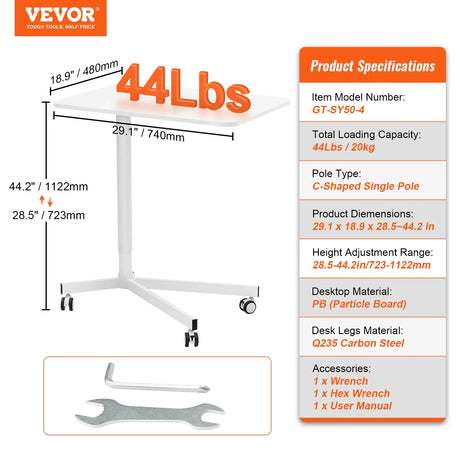 VEVOR 28"-44" Gas-Spring Height Adjustable Sit-Stand Desk W/ Wheels Portable Rolling Laptop Table Computer Cart for Home Office