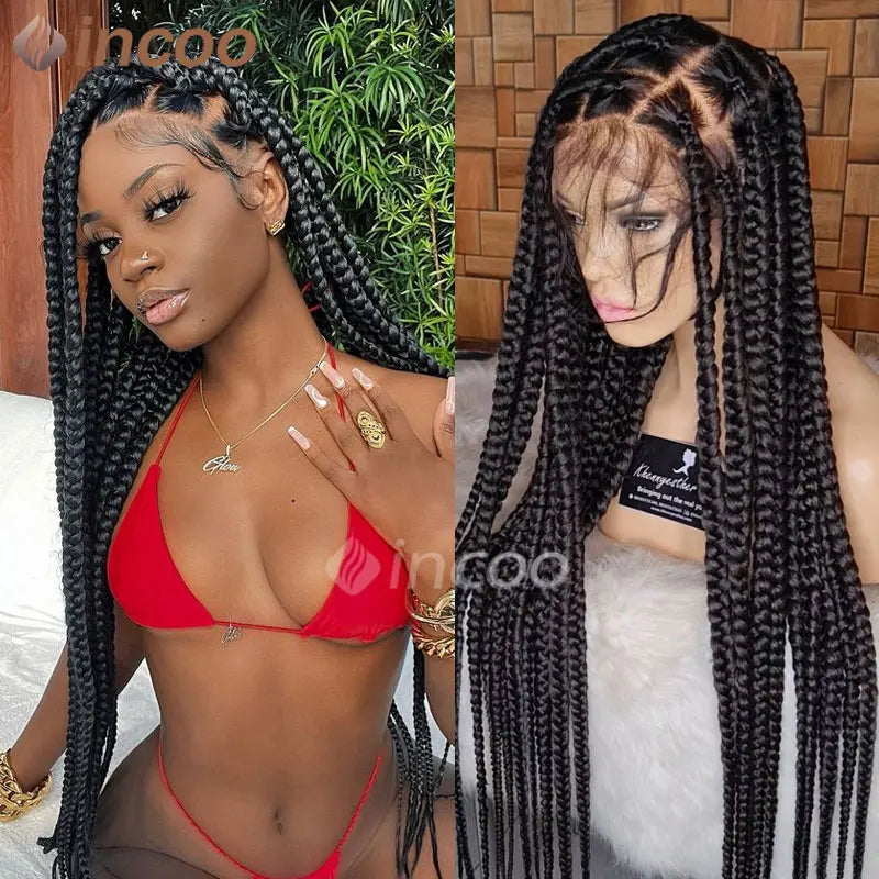 36 Inches Synthetic Knotless Large Square Box Braided Wigs Full Lace Frontal With Baby Hair For Afro American Women Braided Wigs