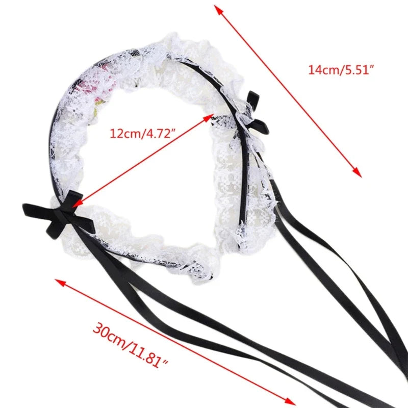 Ruffled Lace Long Ribbon Bowknot Headband Cosplay Headdress Japanese Sweet Lovely Lolita Maid Hair Hoop Accessories Dropship