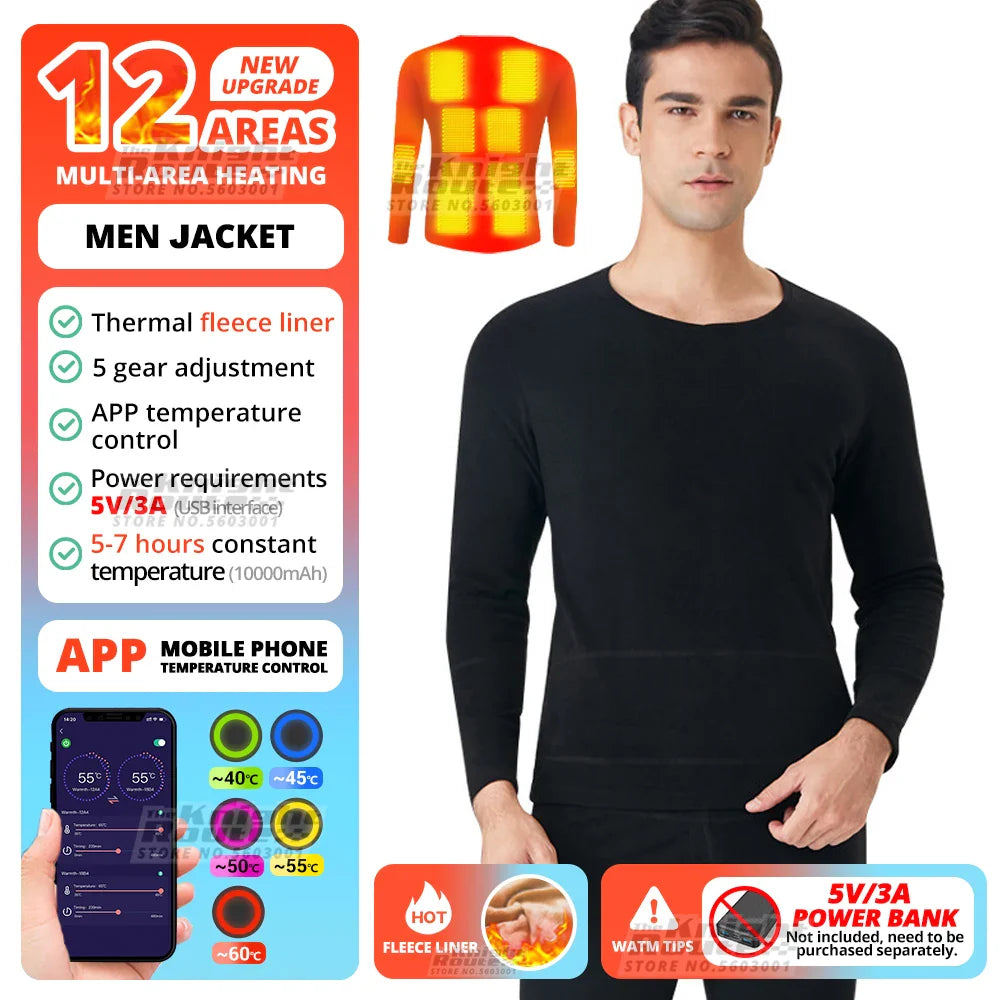 24 Areas Winter Self Heating Jacket Men Heated Underwear Thermal Tops Pants Motorcycle Heated Jacket Mobile Phone APP Control