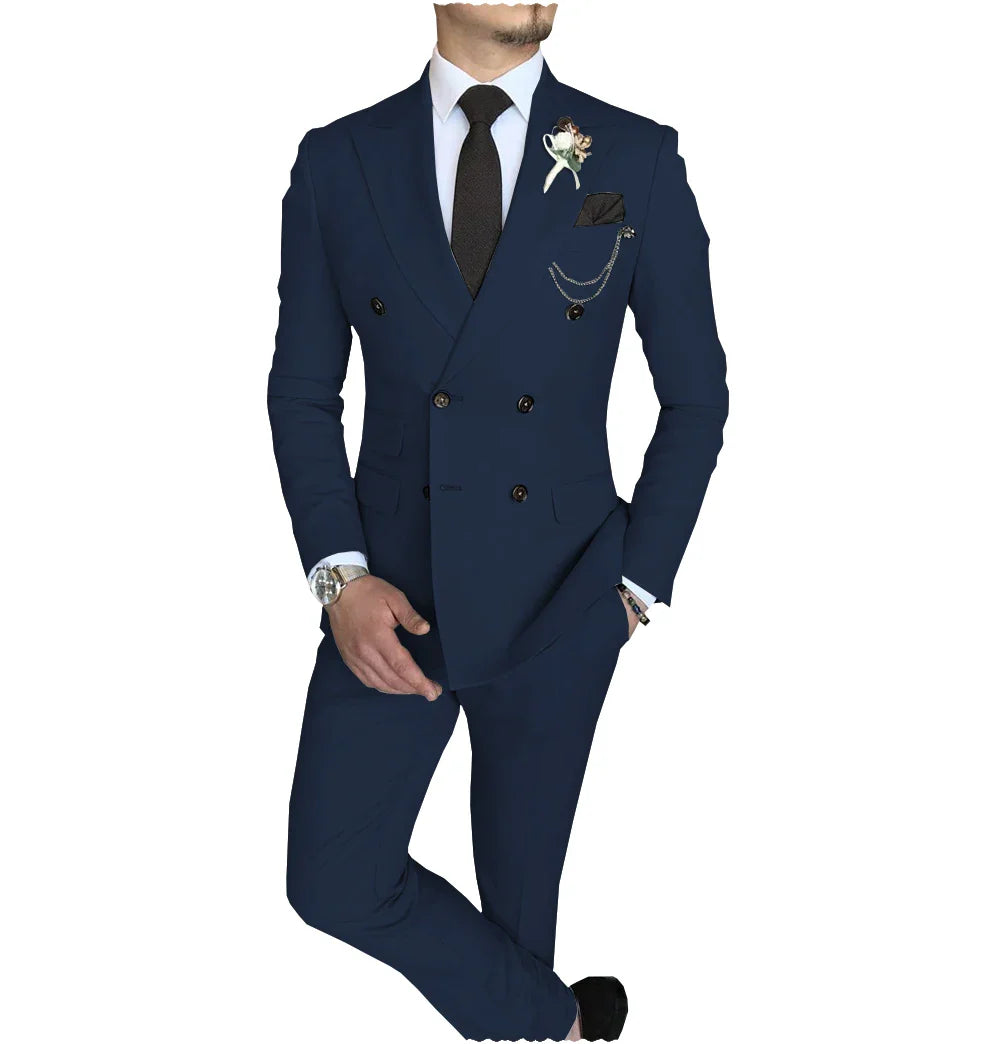 Men's Suit 2 Piece Double Breasted Peak Lapel Jacket Business Casual Slim Fit Wedding  Suit For Men ( Blazer+Pants）