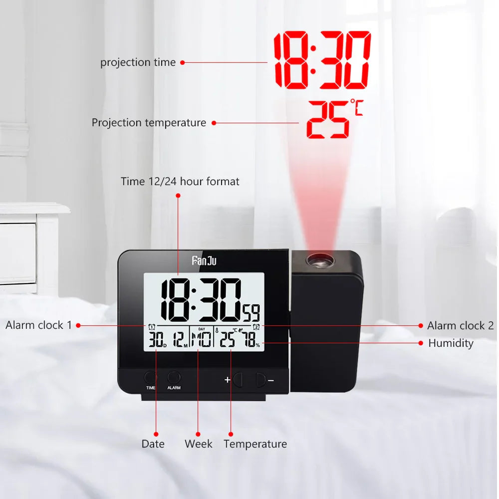 FanJu FJ3531 Alarm Clock Digital Date Snooze Function Backlight Watch Wall Projector Desk Table Led Clock With Time Projection