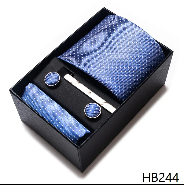 Luxurious Dropshipping 8 cm Birthday Gift Silk Tie Hanky Pocket Squares Cufflink Set Tie Clip Necktie Box Geometric