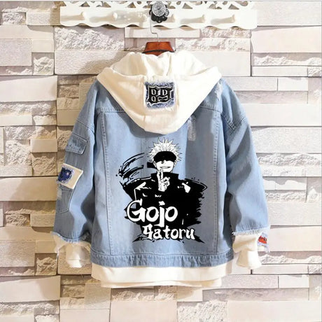 Hot Anime Jujutsu Kaisen Anime Men Jeans Jacket Gojo Satoru Print Casual Women Patchwork Denim Jacket Autumn Hooded Outwear Coat