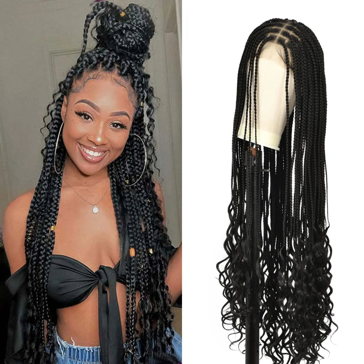 Kaylss 38‘’ Full Double Lace Front Knotless Box Braided Wigs with Baby Hair  Super Long Braids Wig With Curls Ends