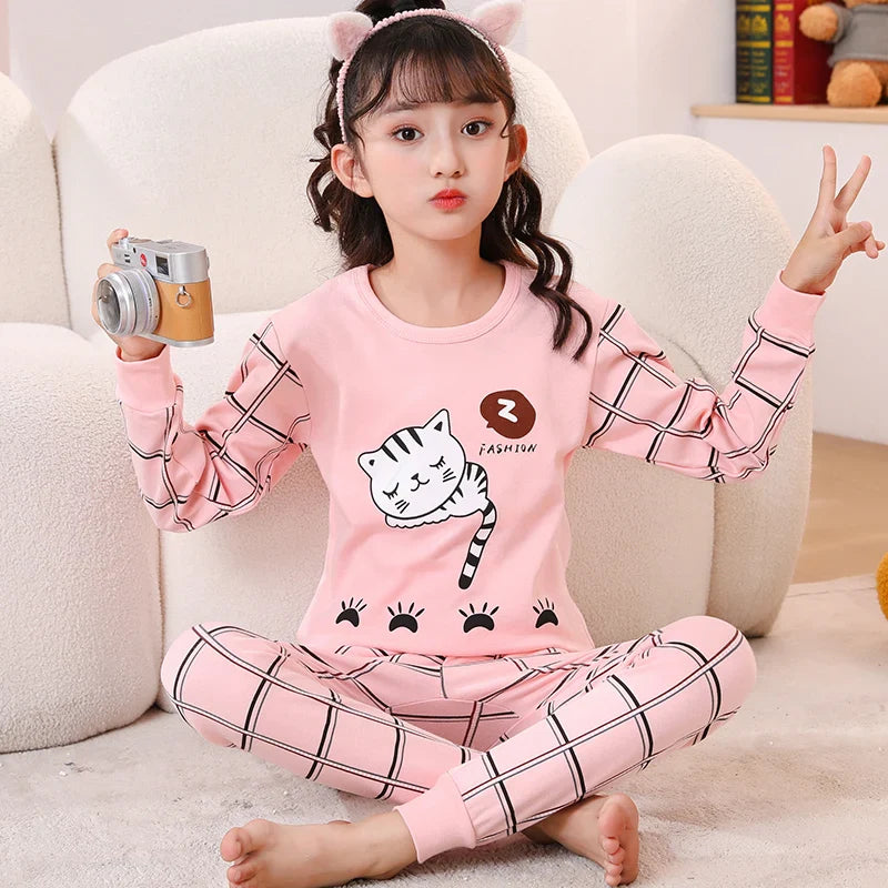 Autumn Cotton Sleepwear Sets for Children Baby Girls Lovely Heart Pajamas 2Pcs Long Sleeve Shirts+Pants Loungewear Kids Clothing