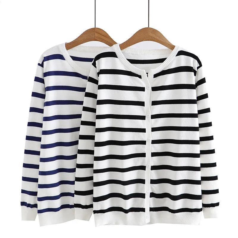 3XL Plus Size Cardigan For Women Clothing Pure And Fresh Stripe Jumpers V-Neck Design Knitted Sweater Autumn