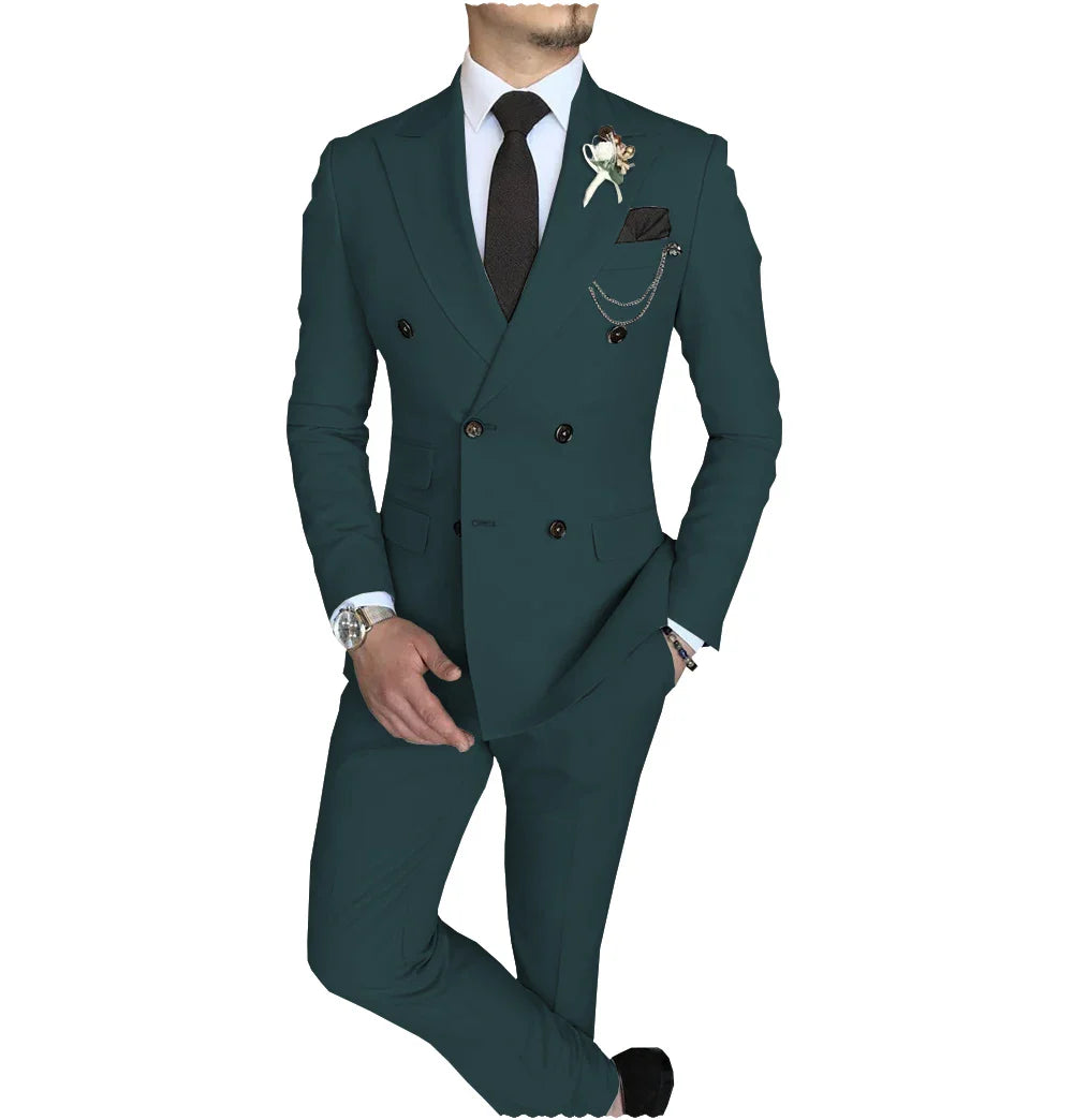 Men's Suit 2 Piece Double Breasted Peak Lapel Jacket Business Casual Slim Fit Wedding  Suit For Men ( Blazer+Pants）