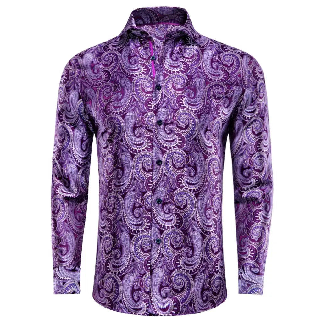 Lilac Mauve Lavender Purple Silk Mens Shirts Luxury Lapel Long Sleeve Dress Shirt Jacquard Blouse for Male Wedding Business Prom