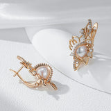 Kinel Luxury 585 Rose Gold Drop Earrings for Women Unique Geometric Hollow Bridal Accessories Natural Zircon Pearl Jewelry Gift