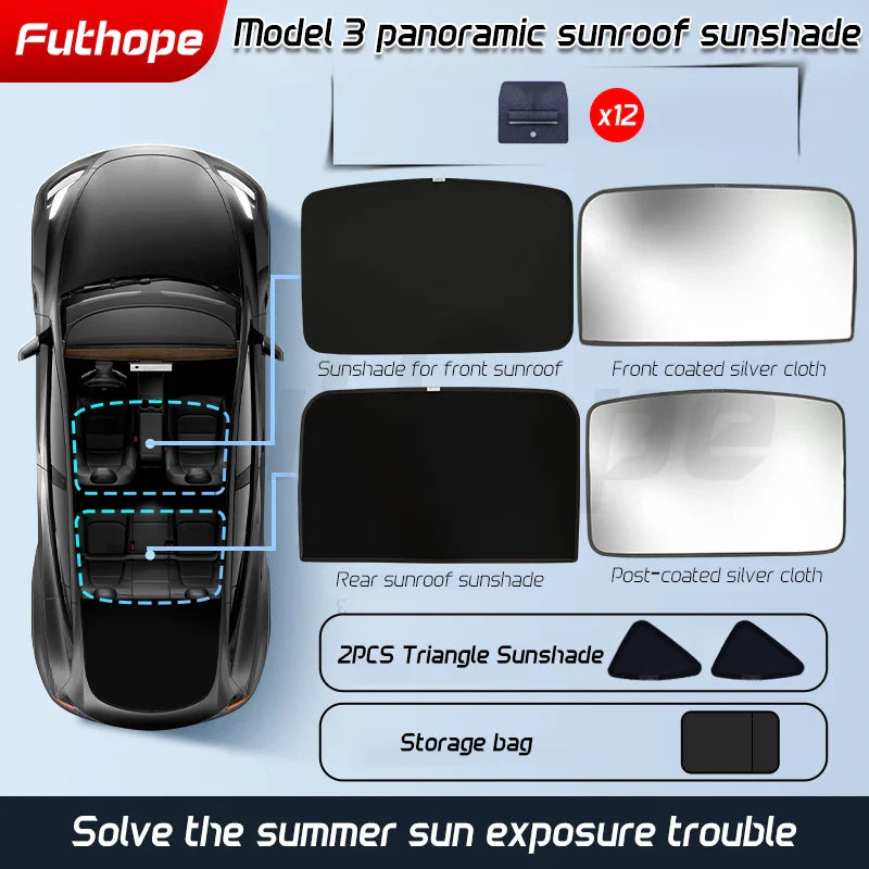 Futhope Upgrade Ice Cloth Buckle Sun Shades Glass Roof Sunshade For Tesla Model 3 Y 2021-2024 Front Rear Sunroof  Skylight