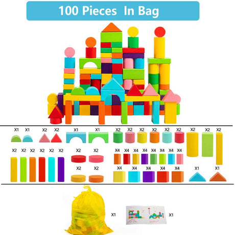 Wooden Building Blocks Set with Storage Bag Wooden Toys for Kids Assembled Building Blocks Early Educational Toys for Children