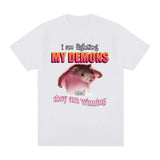 Funny I Am Fighting My Demons and The Are Winning Mouse Meme T-shirt Creative men Short Sleeve Plus Size Women T-shirts