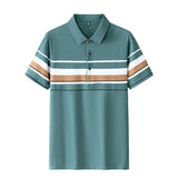 Men's Summer Pullover Solid Turn-down Collar Striped Button Short Sleeve T-shirt Casual Formal England Style Undershirt Tops