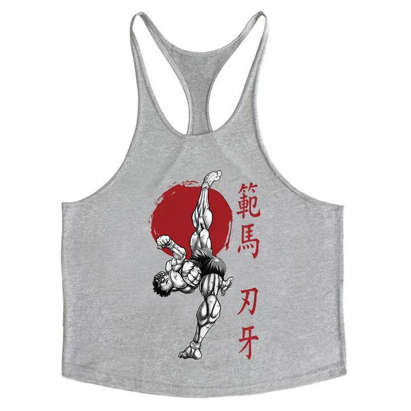 Anime Baki Hanma Stringer Tank Top for Men Cotton Y-Back Vest Tees Tops Muscular Training Undershirt Gym Workout Bodybuilding