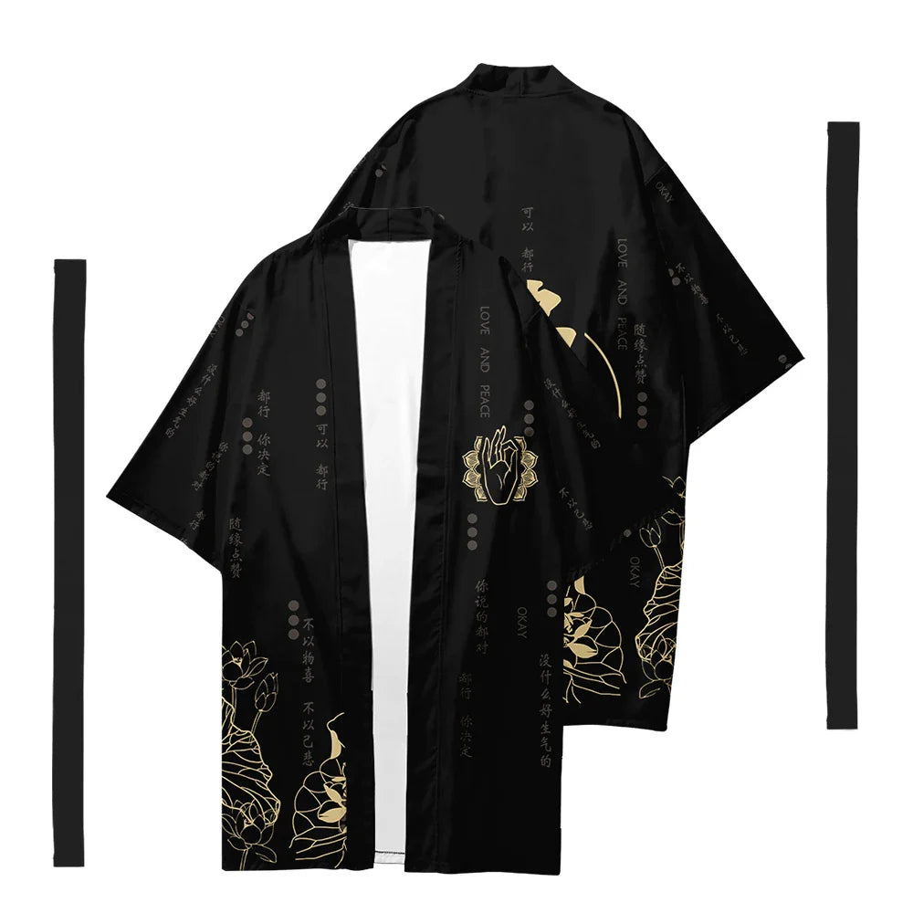 Men's Japanese Long Kimono Cardigan Men's Samurai Costume Kimono Fireworks Pattern Kimono Shirt Yukata Outer Cover