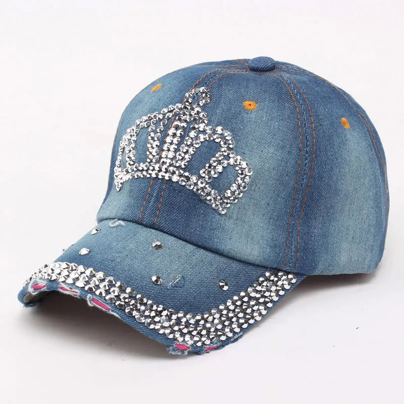 Women Bling Tiara Distressed Denim Baseball Cap Rhinestones Embellished Washed Retro Style Adjustable Hat