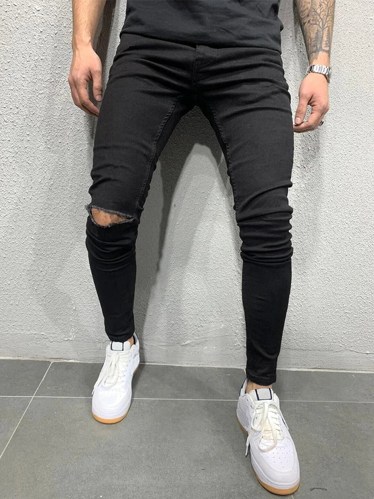 Distressed Knee Holes Elastic Skinny Jeans Men Ripped Biker Denim Pants Solid Washed Streetwear Black Pantalones Hombre Joggers