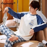 Big Size Autumn New Mens Casual Pajamas Set Cotton Long Sleeve Kawaii Bear Cartoon Printing Sleepwear for Men Pijama for Boy