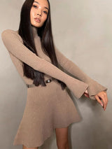 Ribbed Knitted Long Flare Sleeved Mini Dress Half High Collar High Waist Sweater Dresses Women Autumn Fashion Street Vestidos