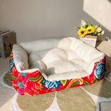 Washable Cozy Plush Pet Bed Winter Warm Flower Fluffy Indoor Dog Bed Kennel Mattress Removable Niche Pour Chien Furniture