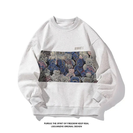 Men‘s Sweatshirt Harajuku Vintage Sweatshirts Hip Hop Hipster Round Neck Pullover Embroider Bear Graphic Unisex Hoodie