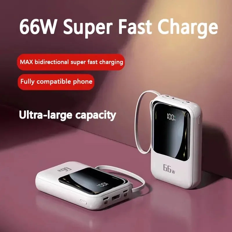 50000mAh Mobile Power Supply With Built-In Cable 66W Super Fast Charging Power Bank Waterproof Portable Mobile Phone Accessories