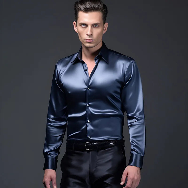 Mens Satin Silk Dress Shirt Long Sleeve Slim Business Formal Casual Tops Classic