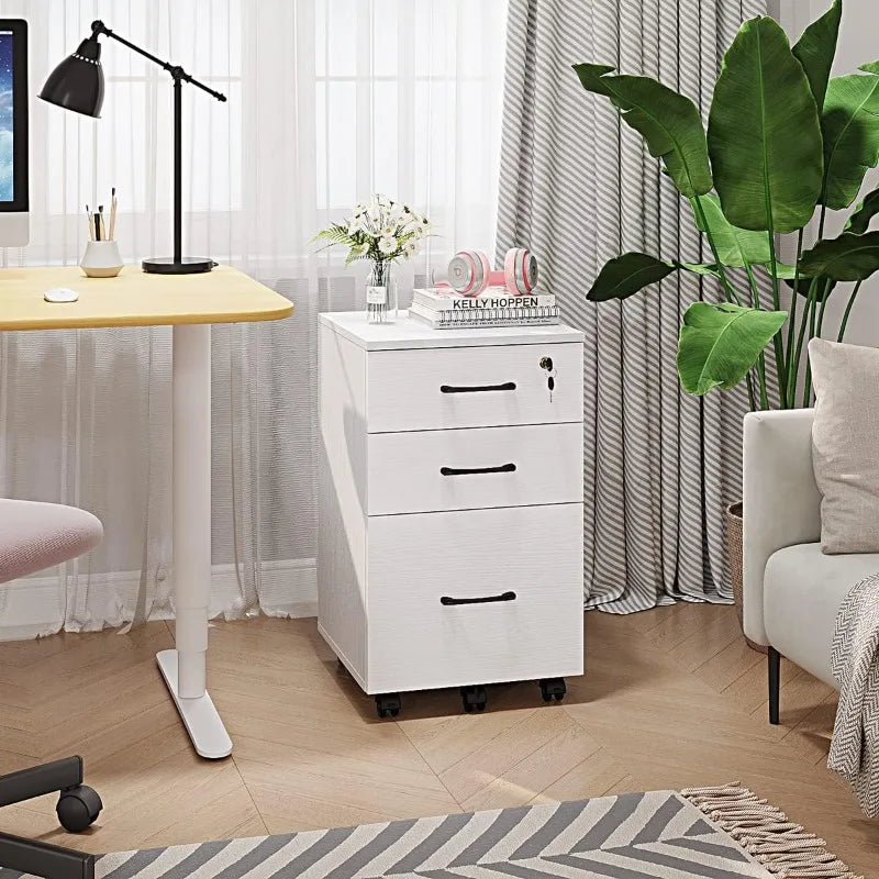 Panana 3 Drawer Wood Mobile File Cabinet, Under Desk Storage Drawers Small File Cabinet for Home Office (White)