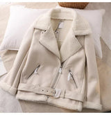 LY VAREY LIN Winter Women Faux Leather Lambs Wool Fur Collar Pu Moto Zipper Jacket Warm Thick Outerwear Faux Lamb Leather Jacket