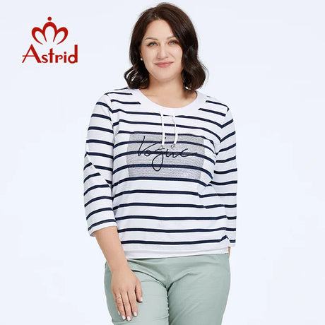 Astrid Autumn Women's t-shirt 2023 Casual Cotton Top Female Plus Size Stripes Tees Rope Diamond craft Long Sleeve Women Clothing